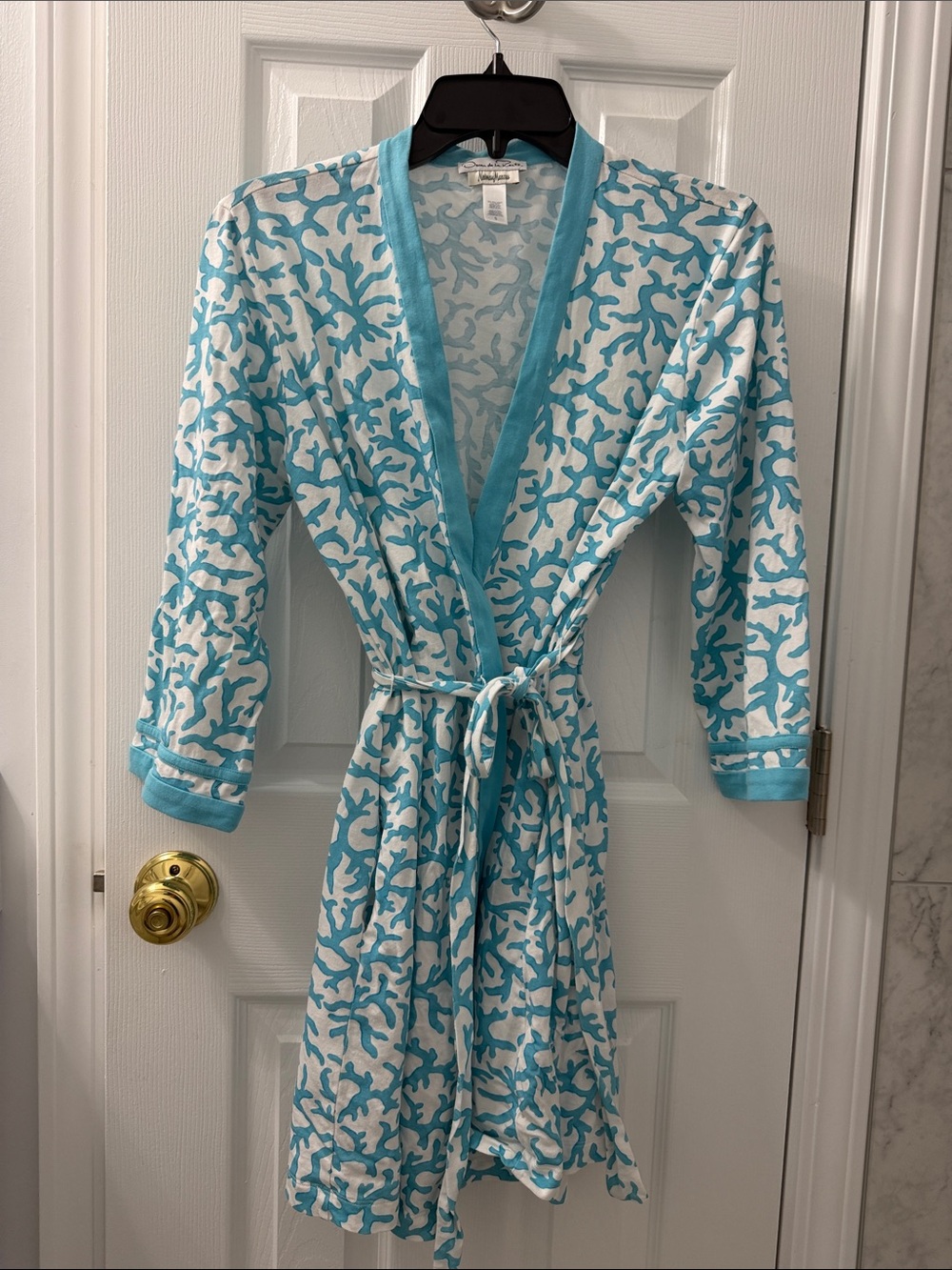Oscar de la Renta Aqua Coral-Pattern Wrap Lounge Robe/Swim Cover-up